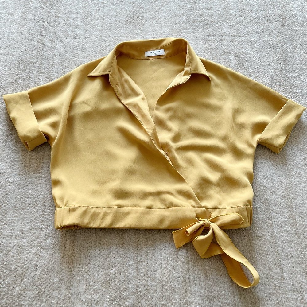 Aritzia Babaton Ozana Faux Wrap Crop Blouse Shirt Top XS